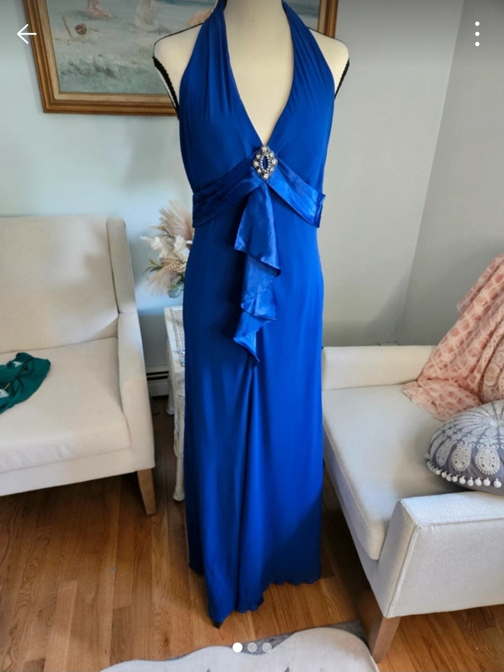 Patrons of Peace Royal Blue Halter Evening Gown with Jewel Accent
